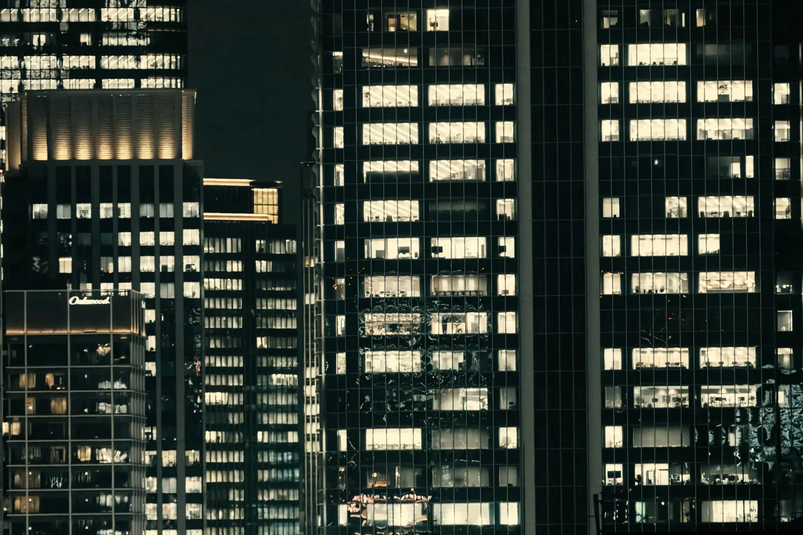 Office towers lit at night
